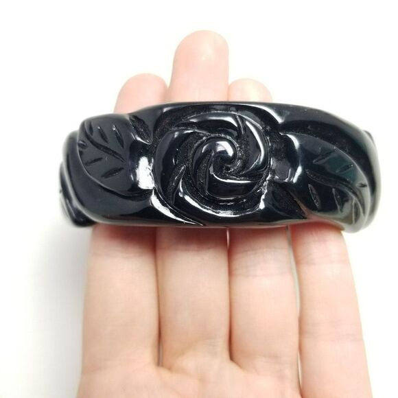 Vintage Black Rose Floral Plastic Bangle Bracelet, Chunky Wide Stacking Estate - Picture 5 of 5